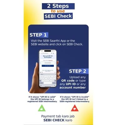 How to use SEBI Check: Step 1, visit the SEBI Saarthi app or SEBI website and select SEBI Check. Step 2, upload a QR code or enter a UPI ID or account number to check whether it belongs to a registered SEBI intermediary.