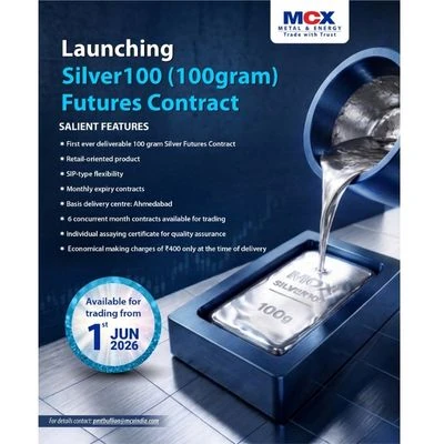 MCX Silver100: 100-gram silver futures contract. Available from 1 June 2026. Features include retail-oriented delivery, SIP-type flexibility, monthly expiry contracts, Ahmedabad delivery centre, and individual assaying certificates for quality assurance